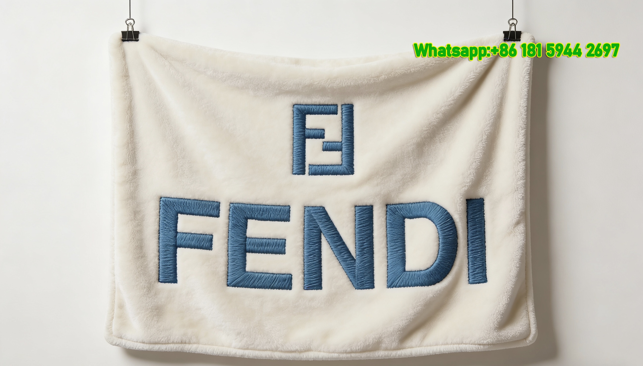 Bright Blue Fendi Embroidered-Style Flannel Throw Blanket White Base IMG_9324